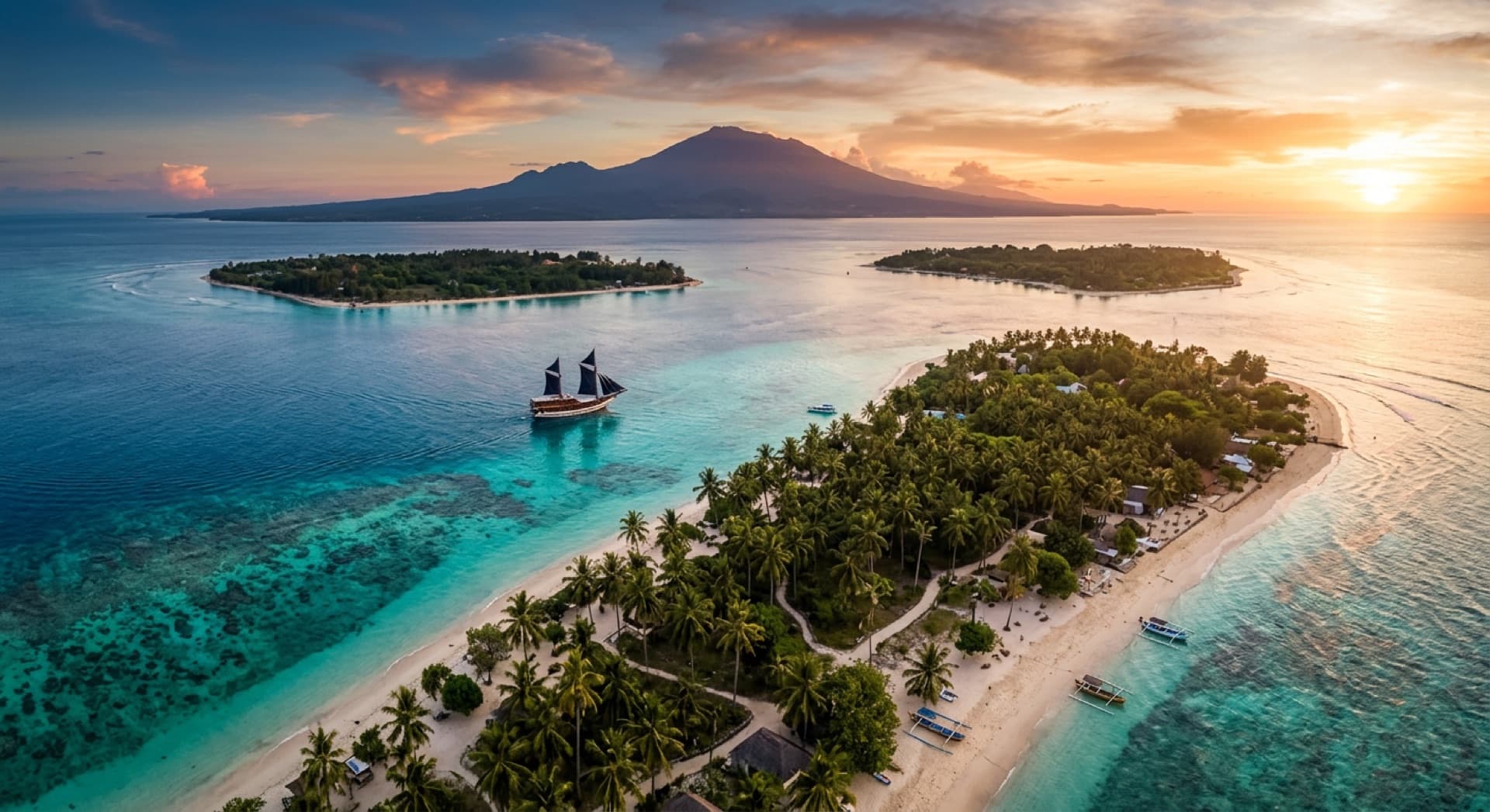 Pemandangan Gili dan Gunung Rinjani Lombok saat matahari terbenam